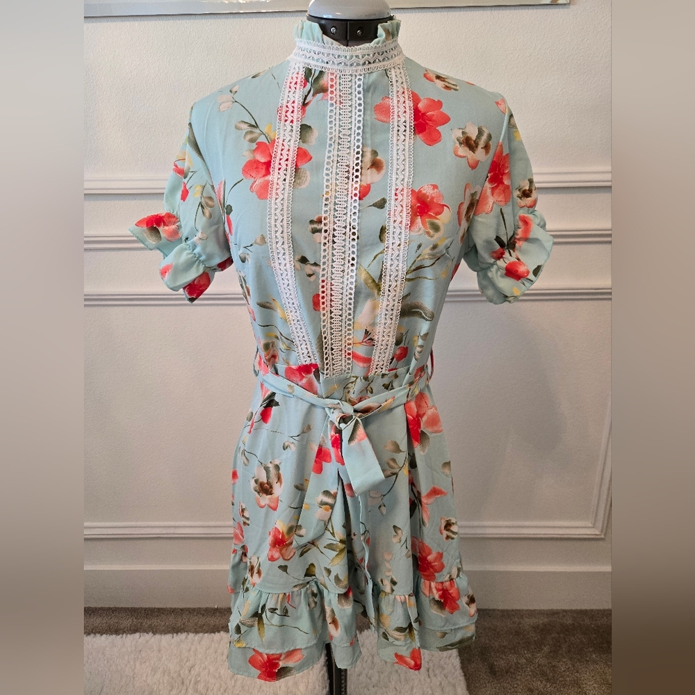 Vibrent Floral Spring Summer Dress with Lace Detail Boho